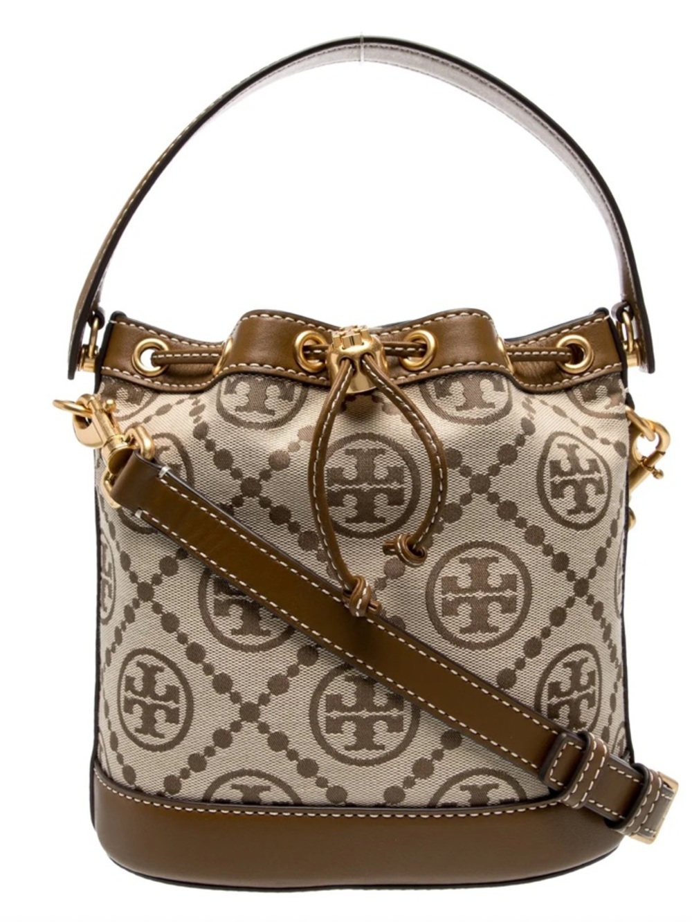 Tory Burch Brown and Cream Logo Drawstring Bucket Shoulder Bag